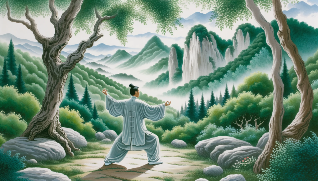 An individual practices tai chi in a tranquil natural setting, illustrating the harmony of Wu Wei principles in motion.