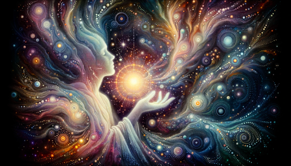 A chosen one is immersed in a tranquil moment against a cosmic backdrop. Ethereal light bathes them, symbolizing the presence of a divine force. Celestial bodies, stars, and whimsical patterns harmoniously swirl around, echoing their deep understanding of the greater forces in the universe.
