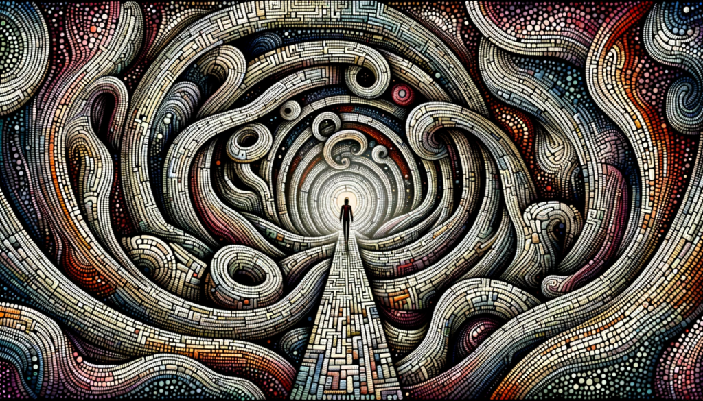 A chosen one determinedly navigates through a labyrinthine structure filled with abstract shapes and illusions, emblematic of confusion and deception. Their intense and focused eyes illuminate their path, showcasing their relentless pursuit of truth and a deep desire to understand the spiritual awakening mysteries of the universe.