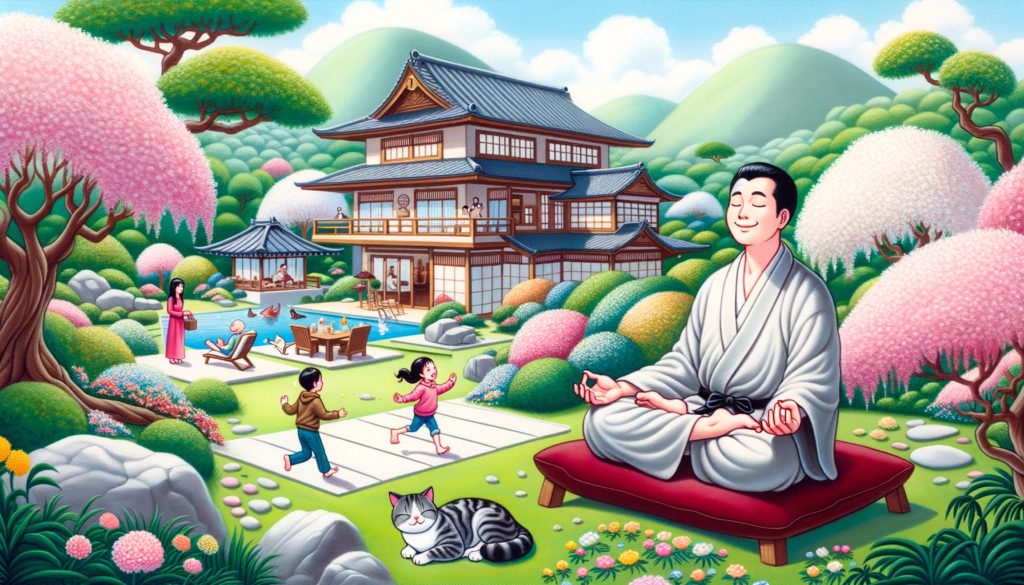 A humble individual stands serenely amidst abundant wealth, surrounded by a beautiful home, nature, and a loving family. A cat lays happily, kids are joyfully active in the garden, all symbolizing a life of fulfillment and deep contentment from practicing Wu Wei.