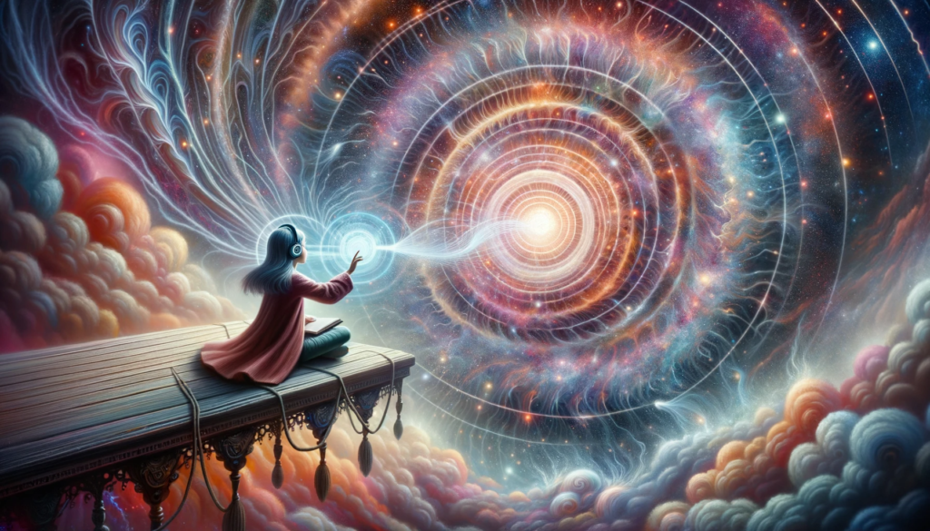 A surreal artwork captures a girl engrossed in positive thought, with dynamic energy enveloping her. This scene showcases her prowess in aligning her energy and vibrational frequency, emphasizing her role as the director of her reality.