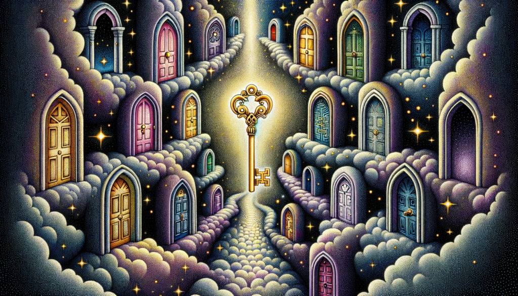 Within this stippled artwork, a golden key hovers amidst various ethereal doorways. Each portal represents different life aspirations and dreams, emphasizing the idea of spiritual awakening and unlocking one's full potential.