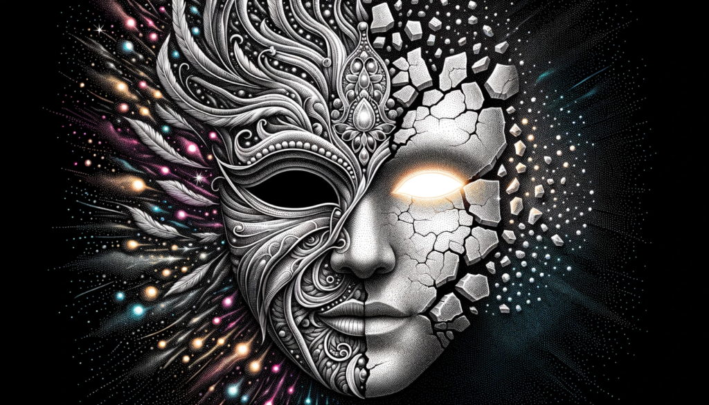 A person confidently wears an intricately designed mask that displays evident cracks and starts to shatter. The emerging luminous face beneath symbolizes the authenticity triumphing over inauthenticity, highlighting signs of spiritual awakening.