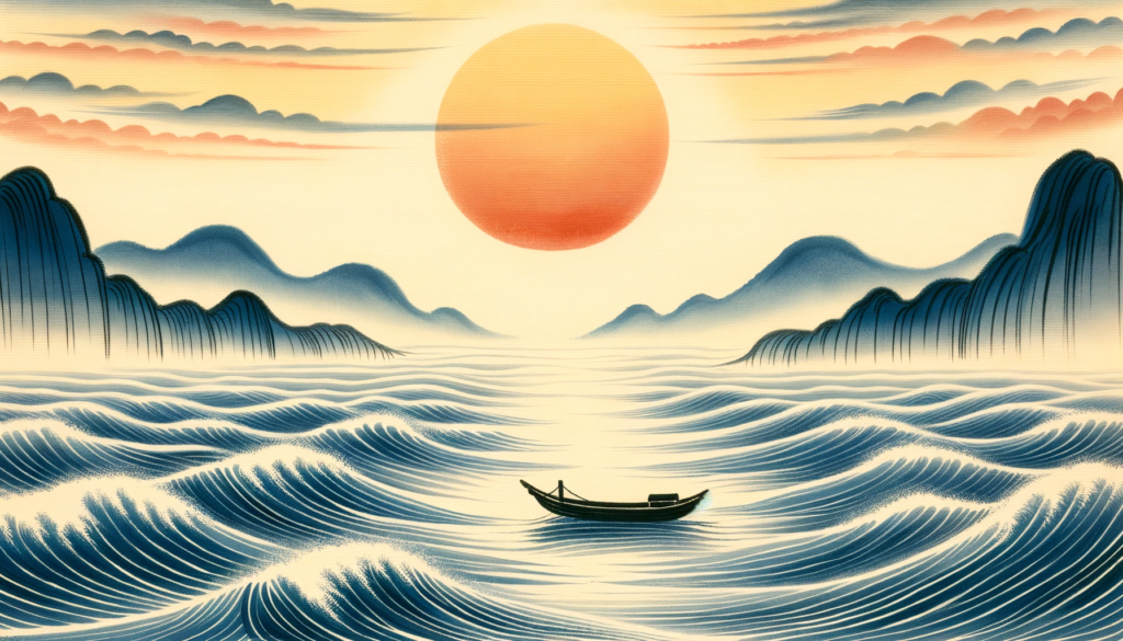 In a scene of peace and balance, a boat sails on the ocean, with gentle waves and a rising sun casting a mesmerizing golden hue on the waters. Symbolizing the Wu Wei principle of "Going With the Flow."