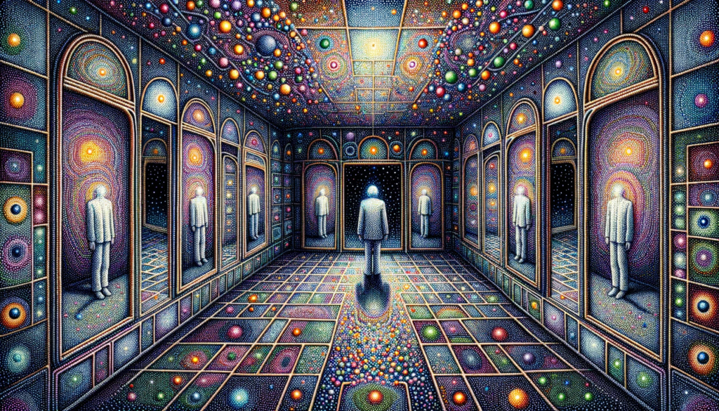 A person lost in introspection observes their own colorful reflection on a mural. The artwork captures their profound connection to self and the journey of understanding reality.