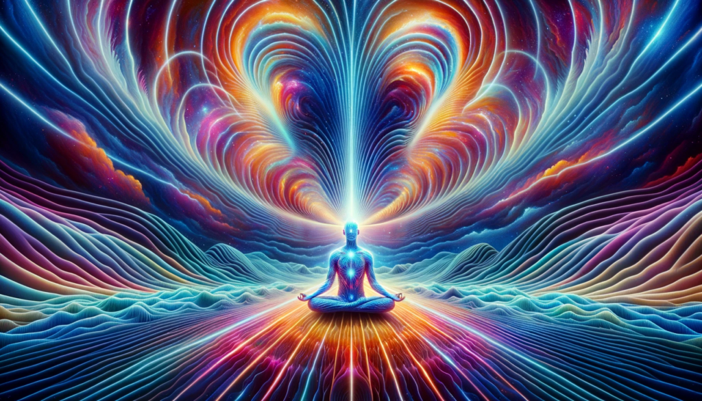 Amidst a vivid backdrop, a person in deep meditation is surrounded by radiant waves of energy, underscoring their alignment with the universe and the essence of vibrating harmoniously.