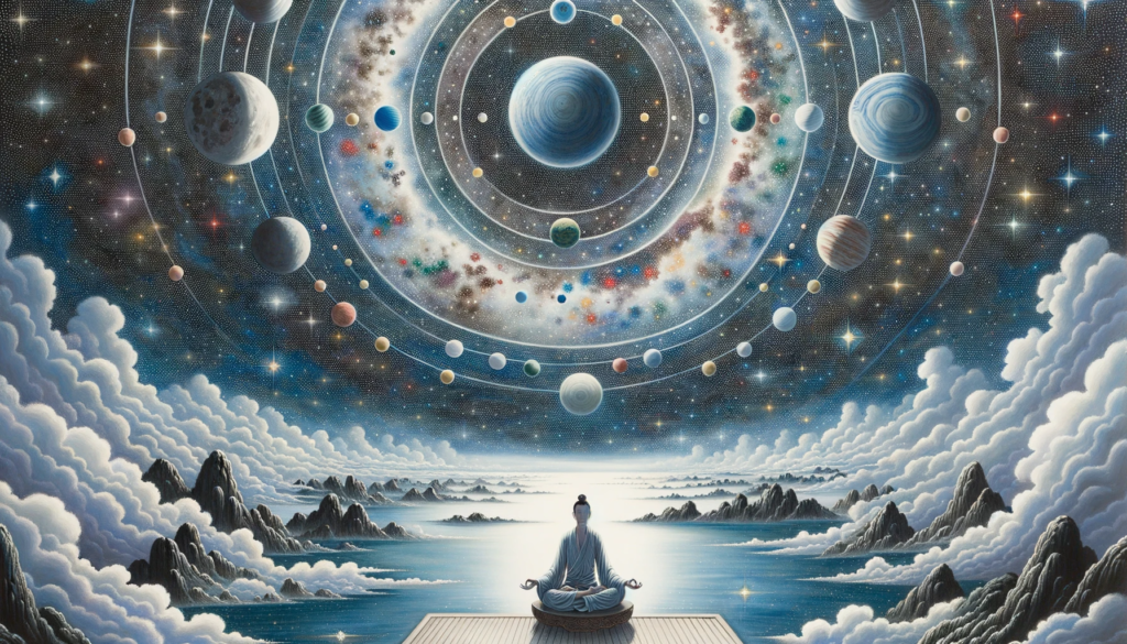 An individual sits in deep meditation beneath a star-filled celestial sky, highlighting attunement to the universe's rhythm. The harmonious alignment of stars and the person's tranquil pose suggests a connection with cosmic energies.