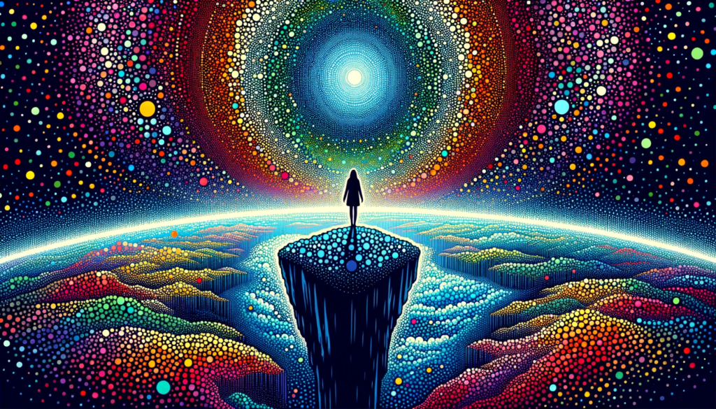 A person stands on the edge of a cliff, overlooking a vast and vibrant landscape. Their silhouette is filled with dynamic colors, hinting at the impending spiritual awakening. The illuminated world below anticipates the unleashing of their true potential.