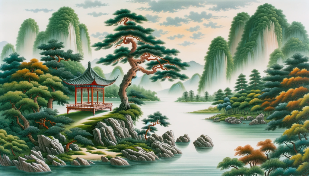 A serene nature setting with lush greenery and mountains in the distance, exemplifying the harmonious alignment with the natural world. The calm waters and soft colors evoke a sense of peace and balance.