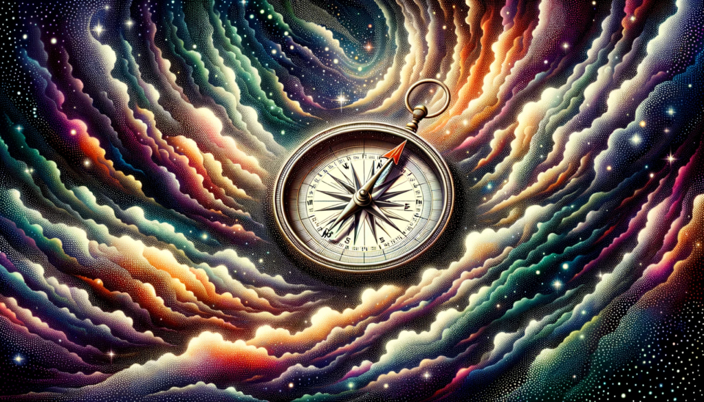 Amidst a cosmic backdrop, a shimmering compass floats, its needle spinning amidst ethereal winds and nebulous forms. This artwork symbolizes the innate ability to navigate the universe's mysteries using heightened intuition.