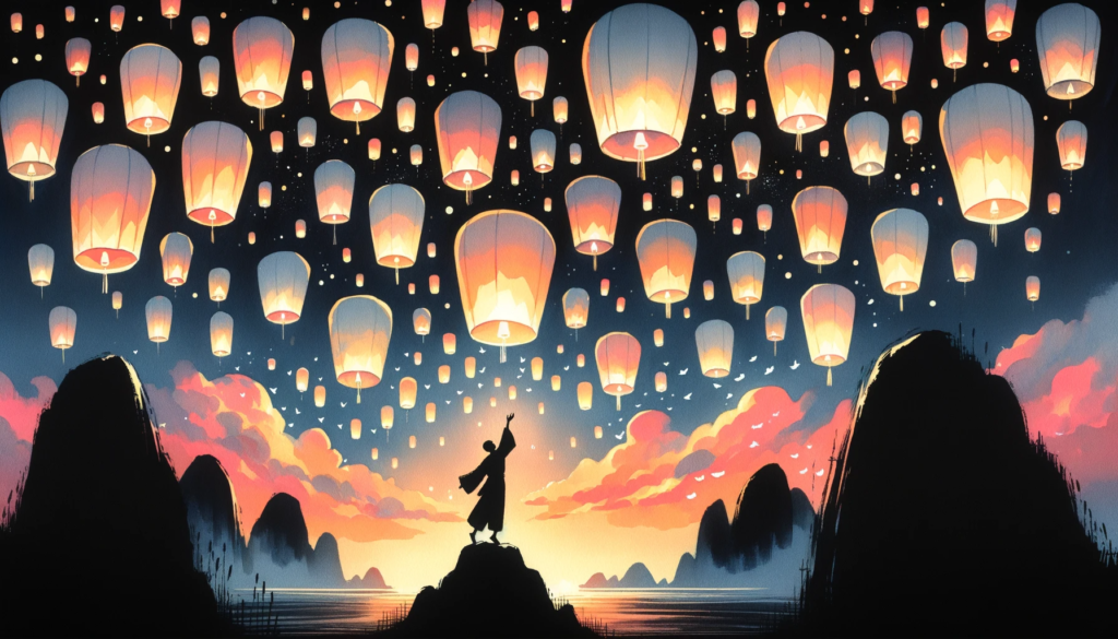 Multiple silhouettes illuminate the twilight sky by releasing glowing paper lanterns, symbolizing Wu Wei philosophy of hope and surrender.