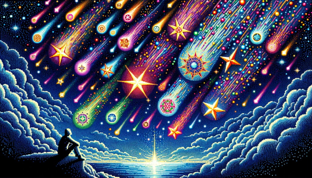 Vibrant stippled artwork of a contemplative observer under a starry sky, deciphering the vibrant shooting stars adorned with unique emblems, representing the universe's synchronicities.