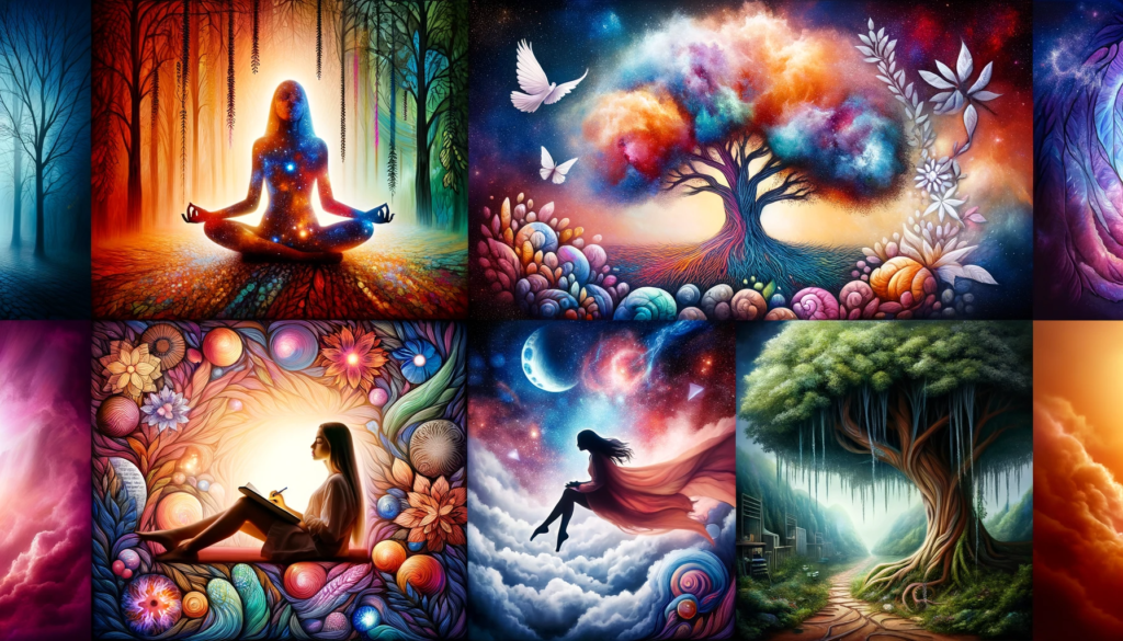 A surreal artwork portrays a girl's multifaceted journey towards alignment. Divided into four sections, it illustrates her deep meditation with a serene aura, her intent journaling surrounded by manifestations of thoughts, her daydreaming amidst ethereal clouds and symbols, and her peaceful moment under a majestic tree, absorbing nature's essence.