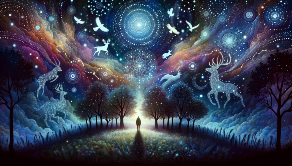 Amidst a meadow under a twilight sky, an individual is enveloped by ethereal lights and patterns that transform into shapes of animals, trees, and celestial symbols, highlighting their profound attraction to spirituality and nature.