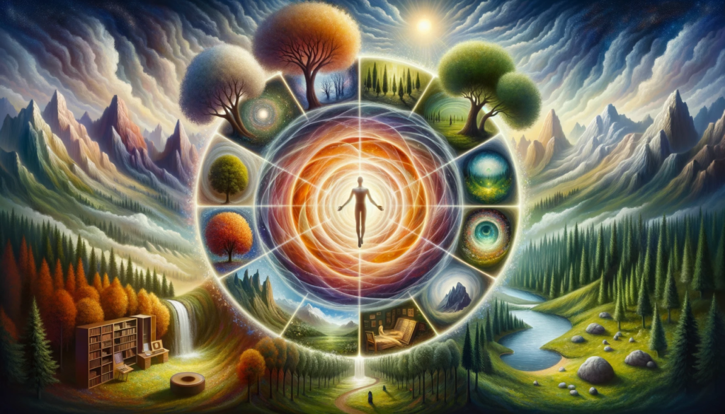 A surreal artwork showcases an individual enveloped in a radiant energy vortex. Surrounding them are distinct landscapes, each symbolizing a unique technique for personal growth and alignment: a tranquil forest, a serene meditation chamber, a breezy mountaintop, a lush meadow, and a peaceful library setting, emphasizing the diverse paths to achieving higher vibrational frequency.