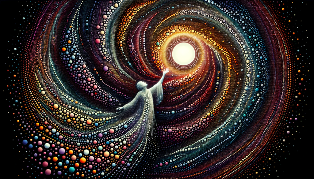 A person surrounded by a whirlwind of colorful dots reaches out to touch a luminous orb. This orb represents the call of their soul, guiding them on their spiritual journey towards self-discovery and spiritual awakening.