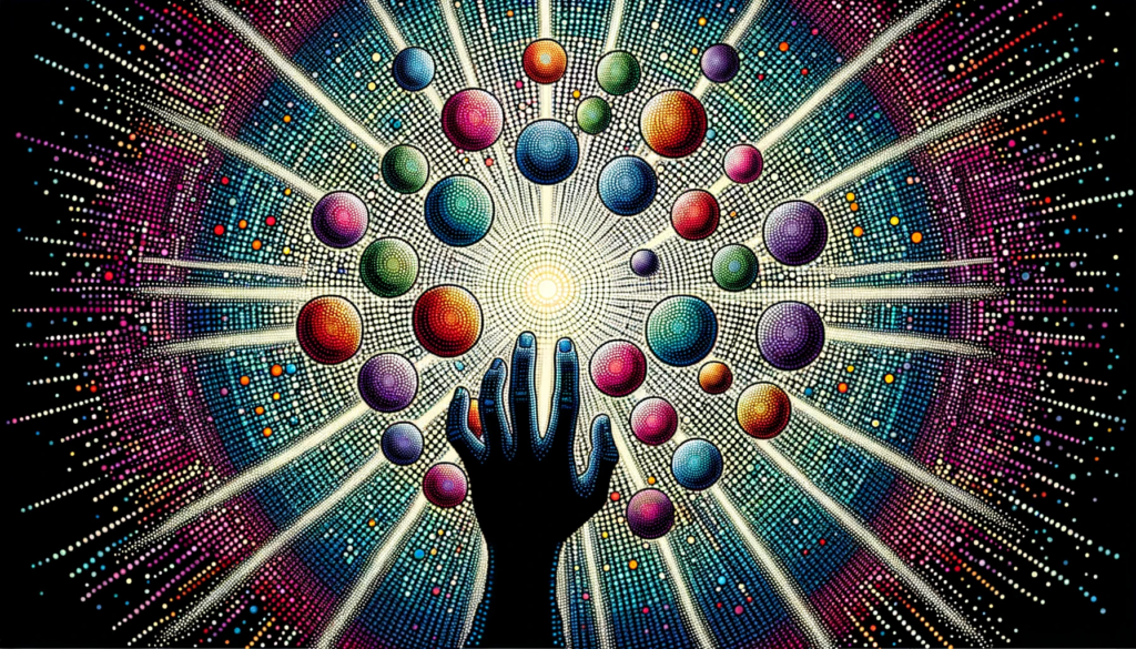 A hand surrounded by vibrant orbs reaches out, each orb symbolizing a unique spiritual gift. As they interact with these orbs, beams of light project outward, illuminating and healing others, showcasing their spiritual awakening and the journey to fulfill their life purpose.