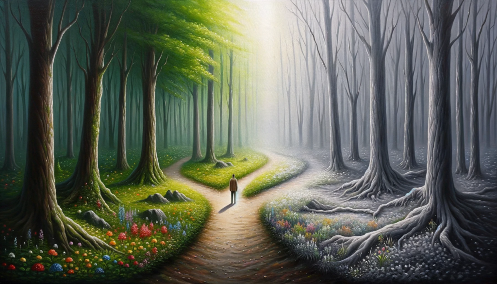 An individual stands at a forest crossroads, with the left path brightly lit, vibrant with lush vegetation and active fauna, while the right path is shadowed and desolate, devoid of life.