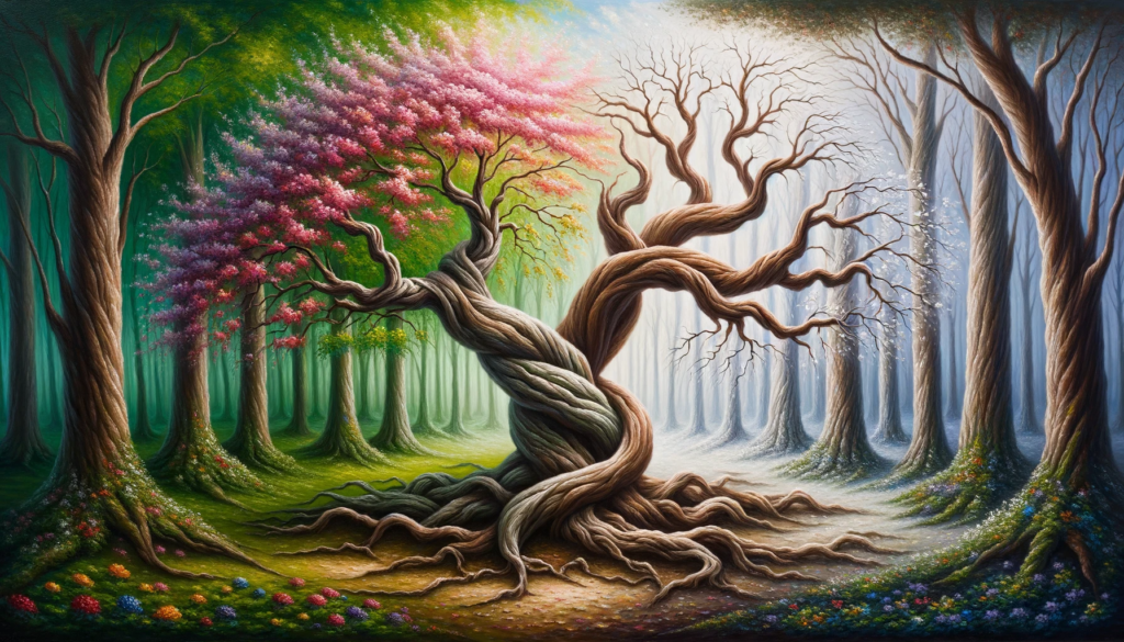 An oil painting capturing two intertwined trees in a tranquil forest setting. One tree teems with colorful flowers, symbolizing life, while its counterpart stands leafless, representing dormancy.