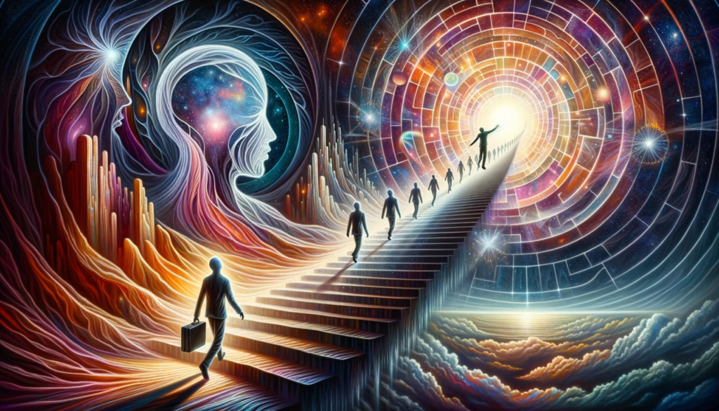 A surreal artwork showcases an individual's journey to self-realization. Starting on a path defined by memories and challenges, they radiate increasing light and energy with each step. As they near the journey's culmination, they break free from earthly confines, elevating towards a brilliant light, embodying their true potential and learning how to vibrate correctly.
