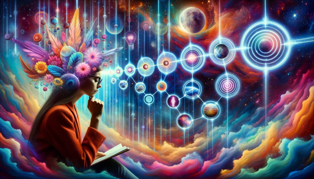 A surreal artwork captures a girl deeply engrossed in contemplation. Above her, distinct images represent her goals, emotions, and actions, emphasizing her dedication to energy alignment and resonating with her innermost desires.
