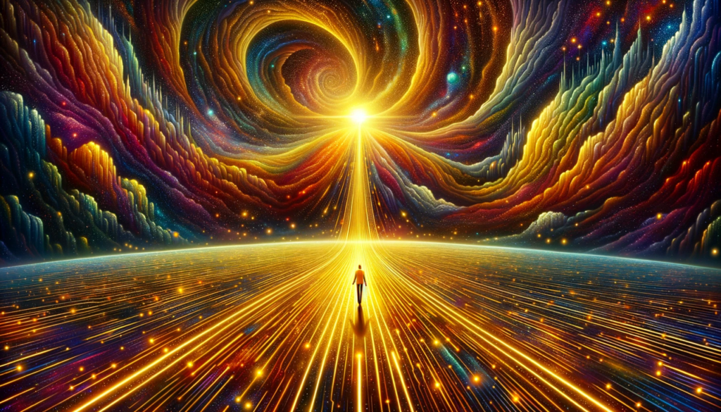 A person treads a brilliant golden road in a surreal landscape, moving towards a guiding horizon light, portraying their pursuit of spiritual growth and a deeper connection with the universe.
