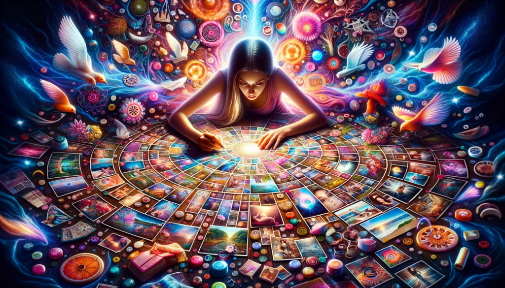 A vivid surreal portrayal captures a young woman deeply involved in arranging images and stickers on her vision board. The board pulsates with energy, as each representation of her desires and aspirations seems to glow, emphasizing the art of manifestation and how to vibrate correctly through visualization.