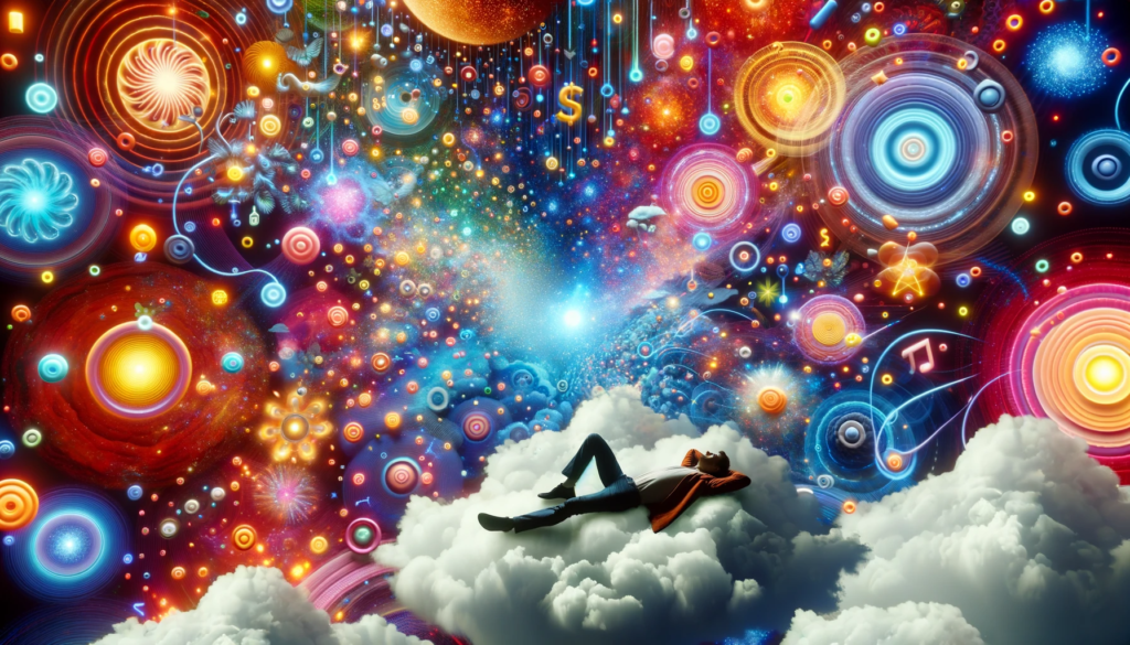 A vivid surreal scene captures an individual lounging on a cloud, surrounded by a cascade of radiant, abstract symbols. Each colorful symbol represents a unique dream or goal, illustrating the transformative power of visualization and the journey towards energy alignment and manifestation.