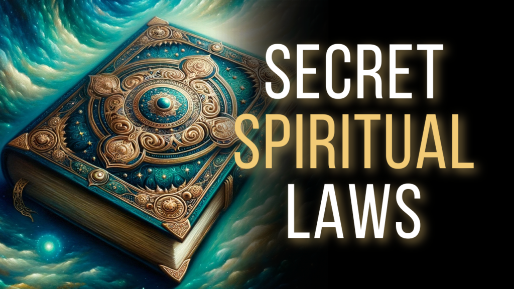 An image of a mystical spiritual book full of hidden knowledge. Overlaid text reads: Secret Spiritual Laws.
