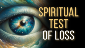 Artwork showing an eye made up of ethereal clouds and energy. Within the eye the universe and galaxies can be seen. Text overlayed reads "Spiritual Test of Loss"