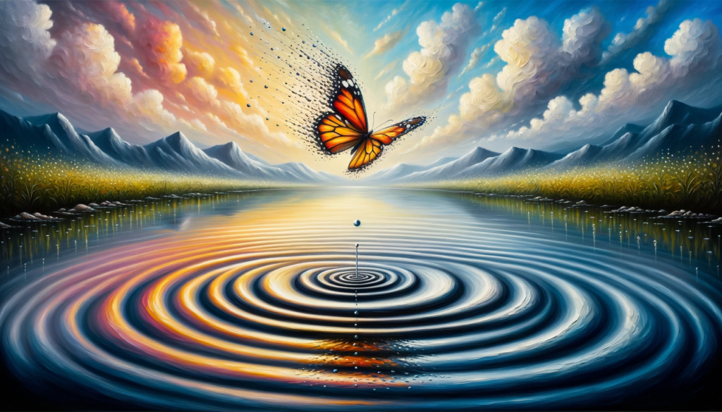 An oil painting showcasing the butterfly effect, where the delicate movement of a butterfly's wings creates a series of impactful events in the surrounding environment, emphasizing the interconnectedness of actions and their larger implications.