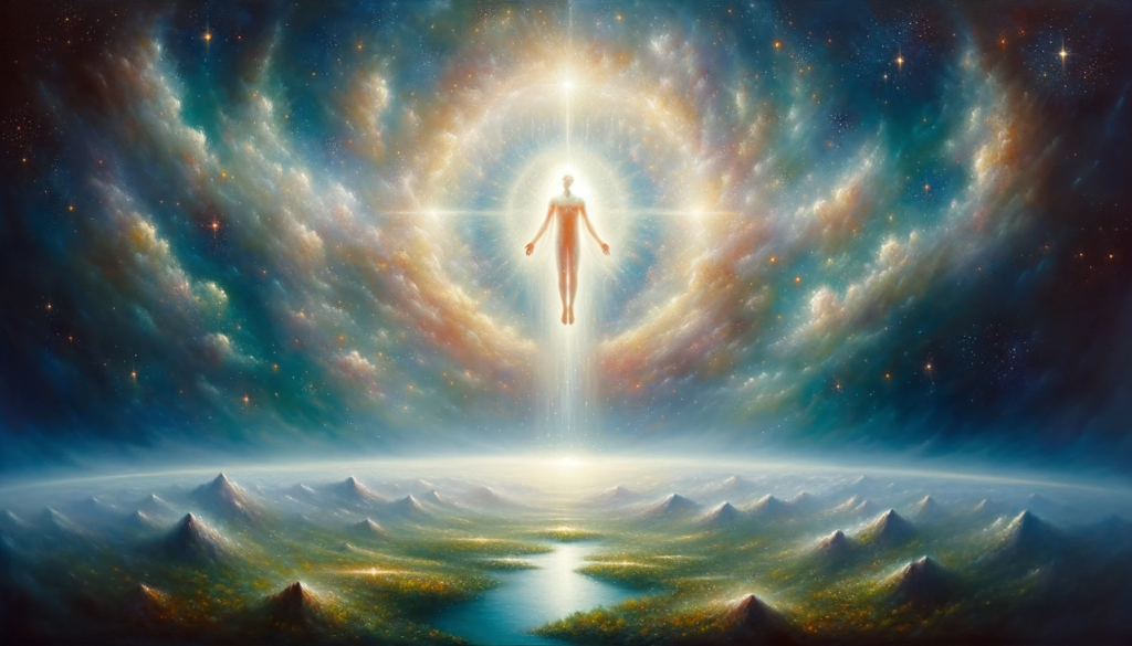  A luminous figure floating above a tranquil landscape, representing spiritual ascension and unity with the universe.