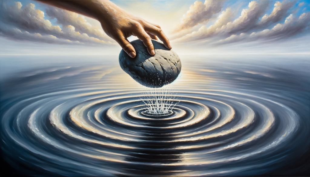 An oil painting depicting a moment where a large stone disrupts the serenity of a calm pond, causing ripples to emanate outward, portraying the theme of consequences from actions.