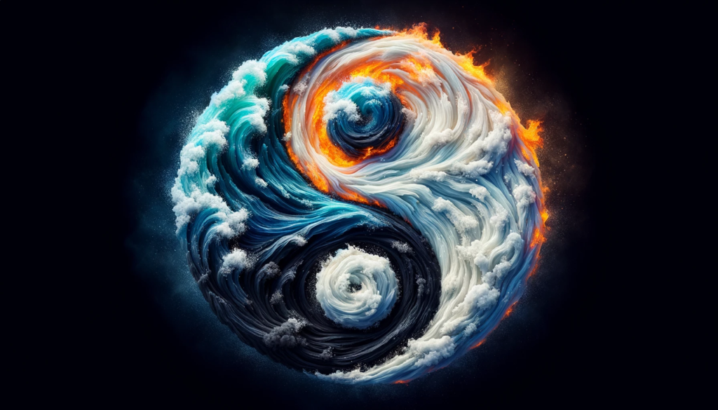 Yin yang symbol created from the elements of water and fire blending harmoniously at the edges.