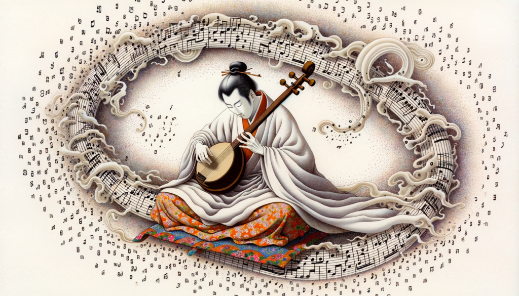 In a traditional Asian style, a musician is deeply immersed in playing an instrument, with musical notes blending harmoniously with the surroundings, evoking a sense of unity with the cosmos. Creative flow.