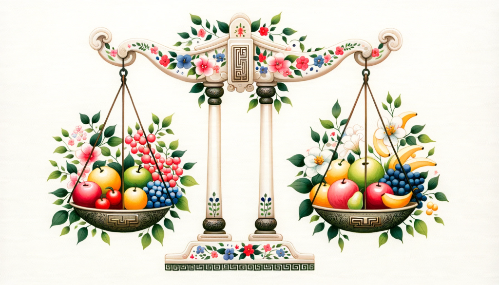 Depiction of a pair of scales, perfectly balancing an assortment of fruits, symbolizing the importance of balance in effort. The background radiates serenity and harmony.