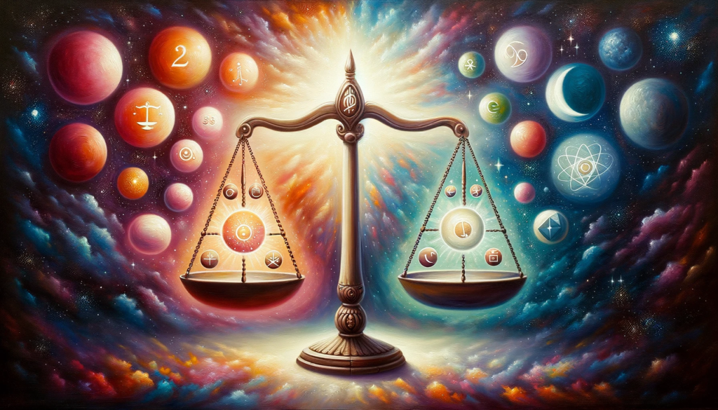 Oil painting of a balanced pair of scales set against a cosmic backdrop. One side of the scales contains symbols of positive energies, while the other side displays radiant rewards and blessings, representing the Law of Compensation in action.