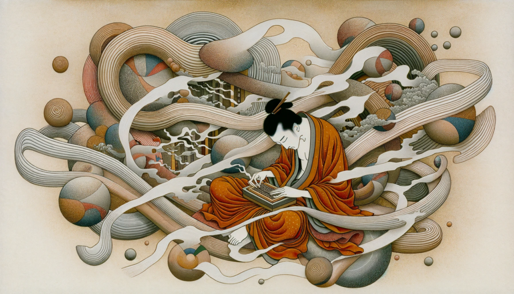 An Asian painting showcases an individual engrossed in an activity, with abstract elements capturing the fleeting nature of time and the world's distractions dissolving. As happens when in a flow state.