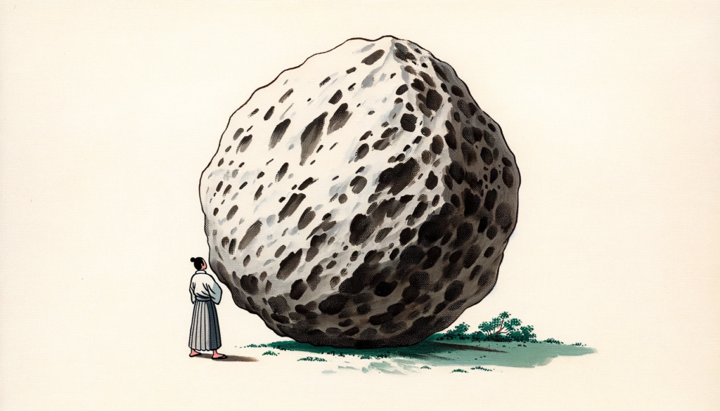 Evocative Zen artwork of an individual confronting a massive boulder. Instead of applying force, the person exudes patience and understanding, signifying a natural and insightful approach to challenges as taught in Wu Wei.