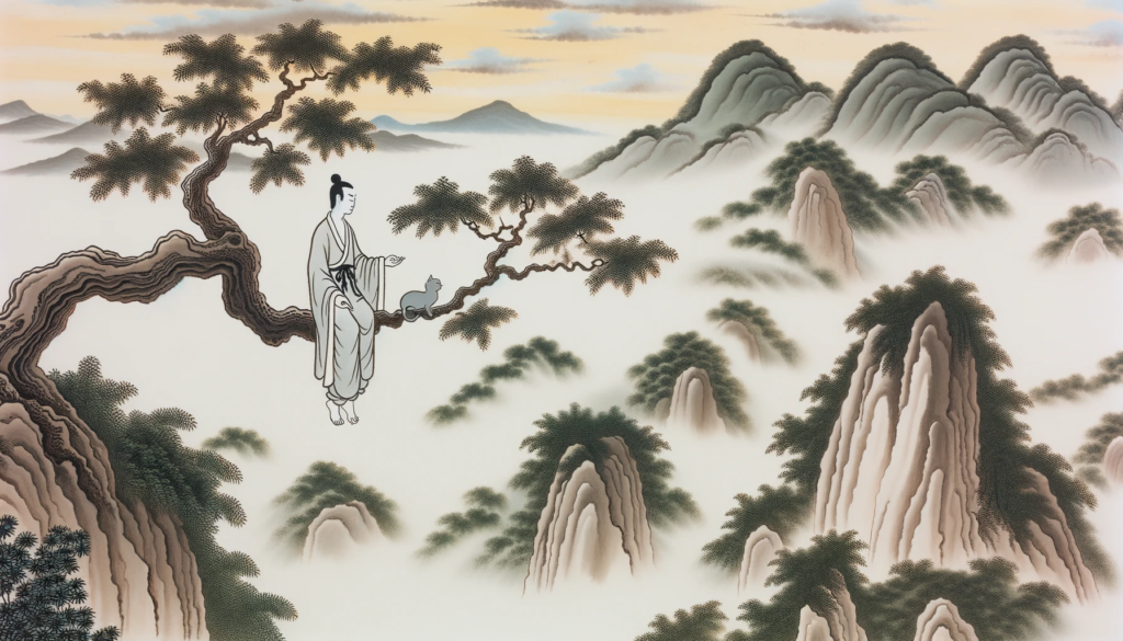 A serene Asian-inspired landscape showcases a person interacting harmoniously with nature. The atmosphere exudes tranquility, emphasizing the Wu Wei teaching of the importance of acting in harmony with the natural world.