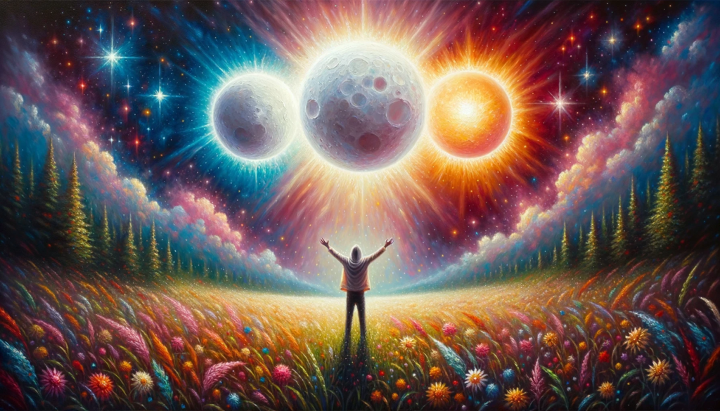 A person sitting in a vibrant meadow, arms raised in awe, with a radiant sun, dreamy moon, and shining star glowing above them. Symbolizing visualization, intention, and inspired action combining to manifest ones dreams.