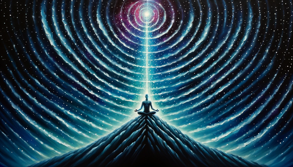 An individual meditates atop a hill under a starry night sky, where the stars resonate with the person's energy, emphasizing a deep cosmic connection.
