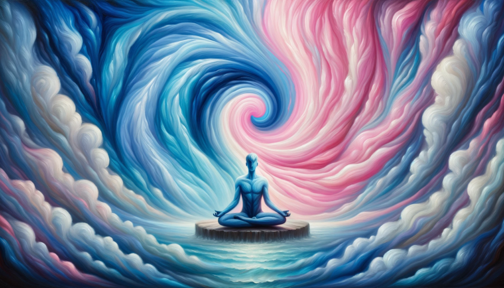 An evocative oil painting showcases a person in deep meditation, surrounded by swirling energies in blue and pink hues, emphasizing the integration of both masculine and feminine energies for inner balance.