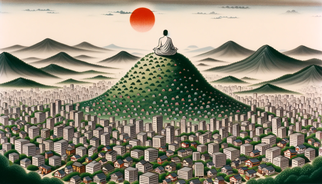 Tranquil Chinese zen scene depicting a person in deep meditation atop a hill, overlooking a bustling cityscape. This serene moment emphasizes achieving personal goals with inner peace amidst external chaos as taught in Wu Wei.