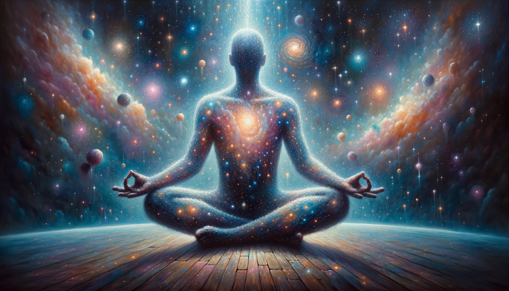 An individual sits in a meditative pose, amid a cosmic landscape filled with planets, stars, and vibrant galaxies. The person is ready to harness the universe's power and align their inner world with the vast cosmos.