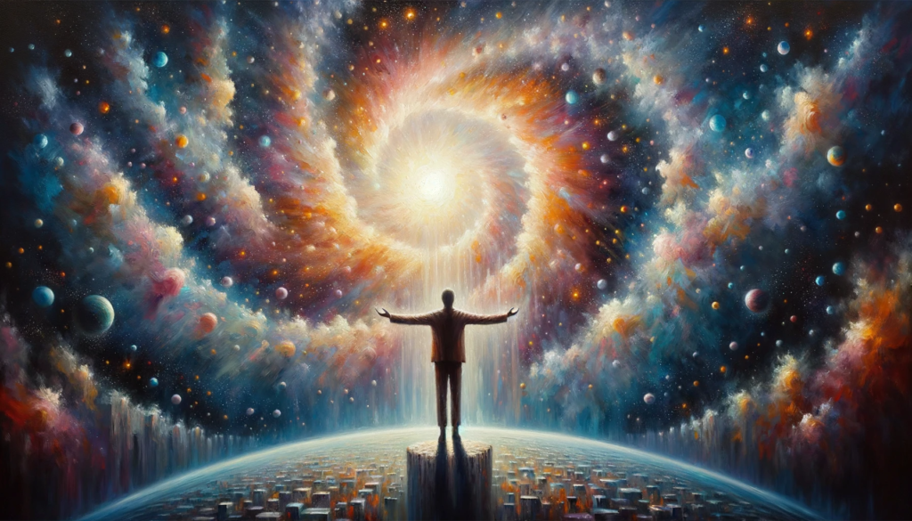 Person standing with open arms, absorbing cosmic energy. The conduit and the conductor.