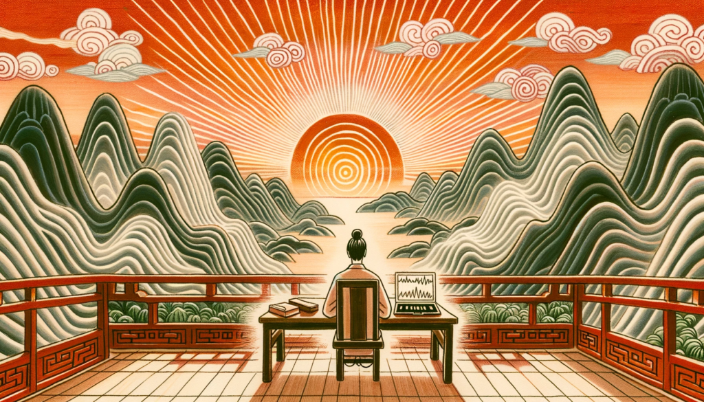 A person is shown working at a desk as the sun sets, with visible energy waves highlighting the alignment of tasks with their natural rhythm as taught in Wu Wei Philosophy.