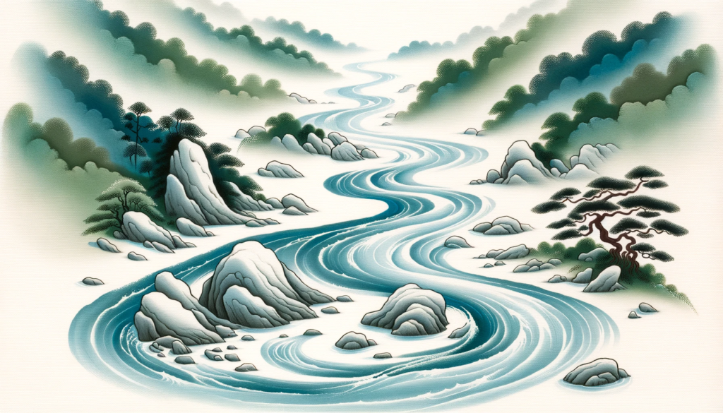 A serene Zen painting capturing a river flowing with ease, gracefully meandering around natural obstacles. The fluidity of the water embodies the philosophy of Wu Wei moving without resistance.