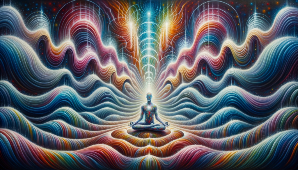 A person in a lotus position radiates waves of energy in various colors, highlighting the different vibrational frequencies in a tranquil setting.
