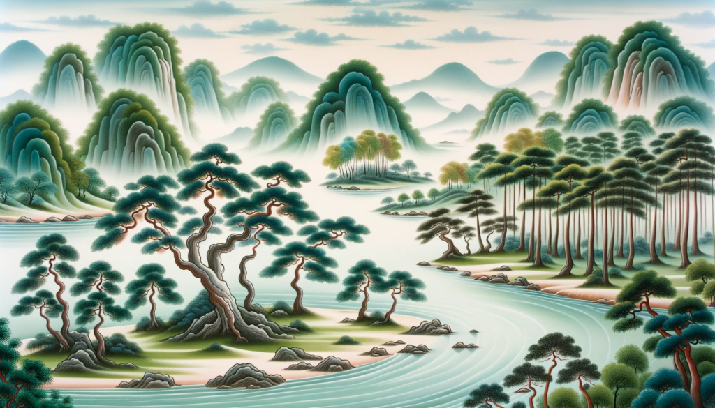A serene landscape depicts trees in harmonious growth beside a smoothly flowing river, capturing the essence of productivity and the universe's rhythm.